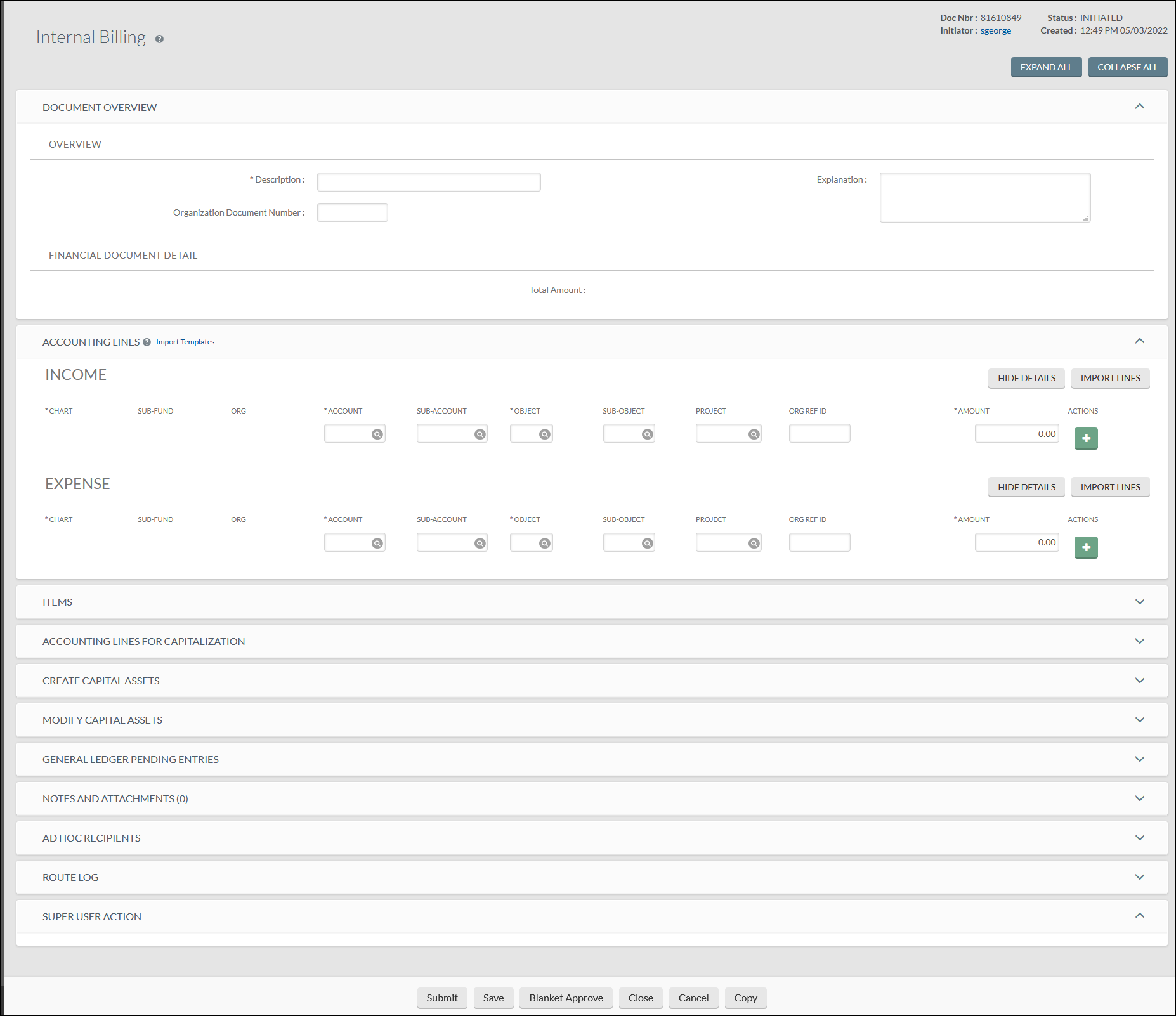 Screen displays Internal Billing document