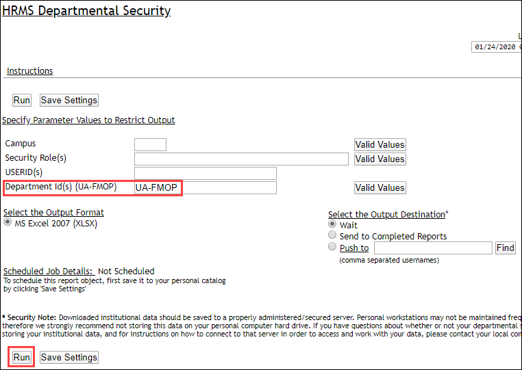 Screenshot of HRMS Departmental Security