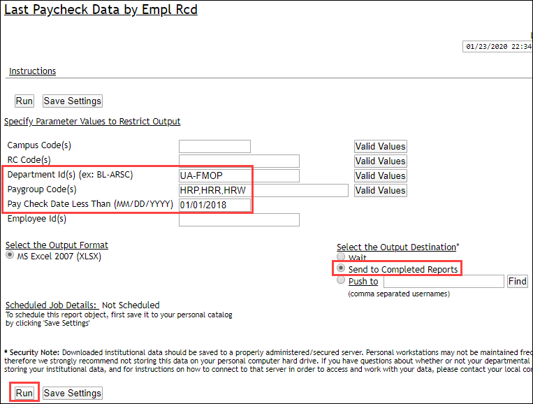 Screenshot of Last Paycheck by Empl Rcd Query